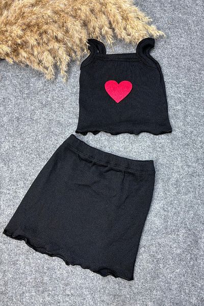 ADABEBEK BlacK Crop SKirt and Top Set - Red Heart Accessory, Rope strap