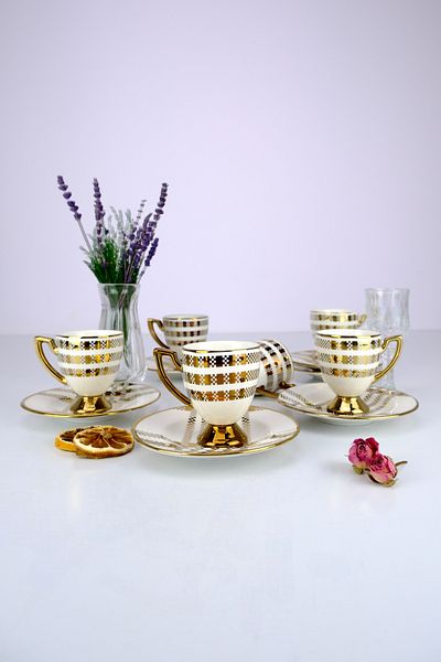 Digithome Vicenza 6-Piece Personality Porcelain Cup Set - Gold Gilded Cream Brown