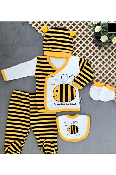 skycott unisex bebek 5'li hastane çıkışı yenidoğan zıbın seti arılı baskılı %...