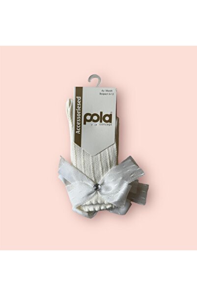 Pola جوارب قطنية للركبة رقم 3 - كريمي، منقوشة وإكسسوارات على شكل فيونكة