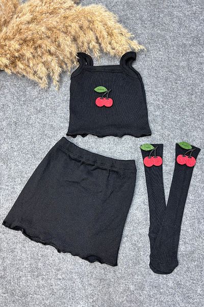ADABEBEK Corded Cherry Crop Skirt and Rope Suspender Socks Set