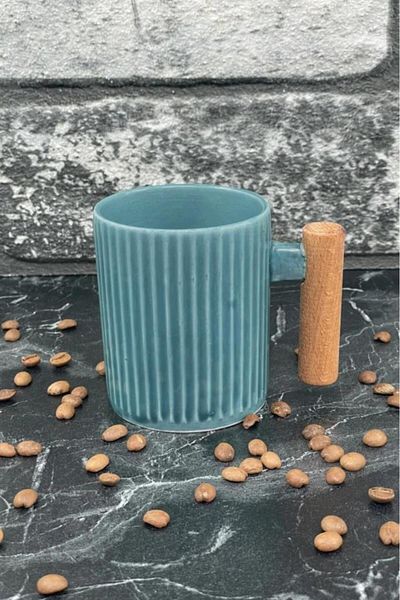Tiesa Home Blue Ceramic Mug Cup - with Wooden Handle, 225cc, 1 Piece