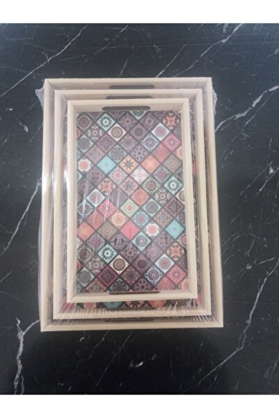 İSR COLLECTION Şahin hediyelik züccaciye 3`lü home çini desenli ahşap tepsi