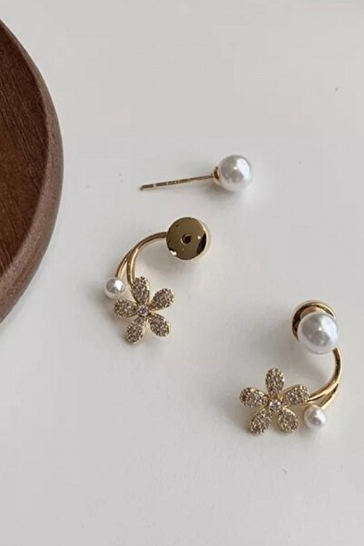 AKIN AKSESUAR HEDİYELİK İnci Detaylı Çiçek Figürlü Tasarım Zirkon Gold Küpe