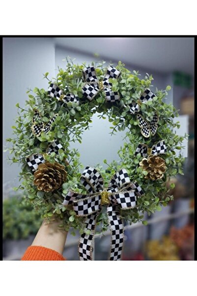 lolipophobi Coroană de buxus cu mulți carouri de 40 cm, ornament pentru ușă din eucalipt, eucalipt artificial, ornament artificial din buxus