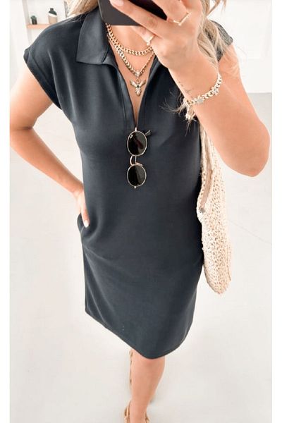 Unique Style Premium Series Polo Collar - Dark Anthracite Short Sleeve Dress