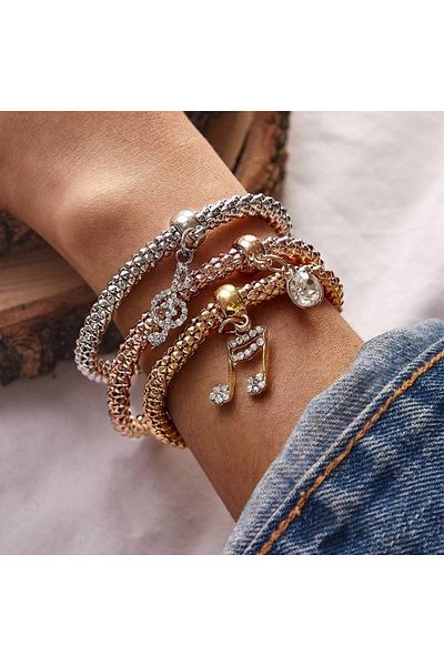 P Parla 3 Pieces of Music Symbol Zircon Bracelet - Thick Chain and Shaped Hand Set