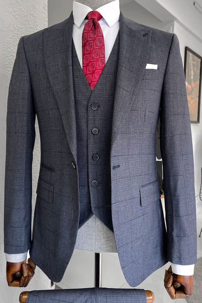 NAZEF Dar Kesim Ekose Yelekli Lacivert&Gri Takım Elbise