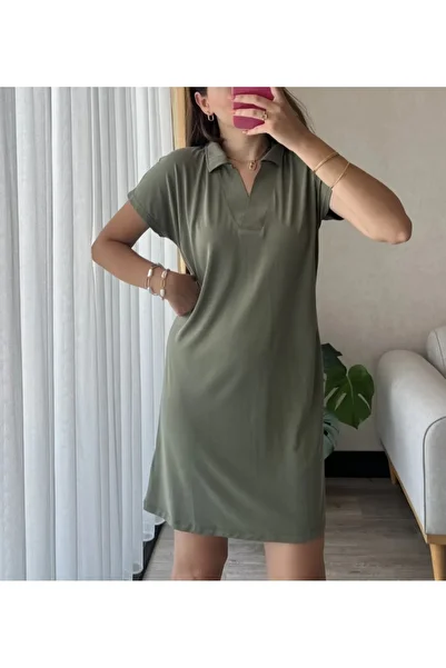 Unique Style Khaki Colored Polo Collar Short Sleeve Dress - Trend