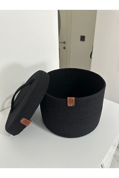 Sevdam Sepet Black Large Size Multi-Purpose Basket with Lid, Cotton Basket, Decorative Basket, Wicker Basket, Rope Basket