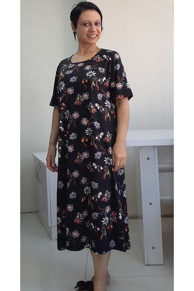 Mertcan Butik Φόρεμα με μαύρο σχέδιο με κοντομάνικο βισκόζη χτενισμένο βαμβακερό
