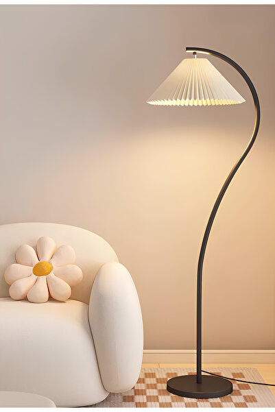 burenze Modern Tasarım Umbrella Abajur Ayaklı Lambader Krem Şapka Siyah Ayak