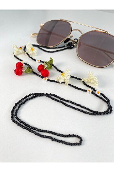 Chillin' Siyah Boncuklu Gözlük İpi Elişi Çiçekli İğne Oyası Gözlük Askısı