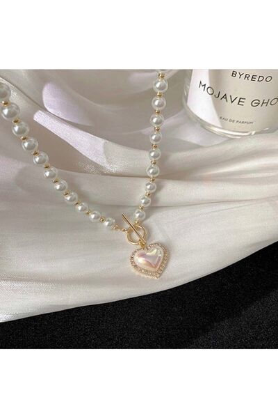 Takıtolia Love Incili Altın Renk Kalpli Düğün Nişan Gelin Özel Gün Sevgililer Günü Özel Gerdanlık Kolye