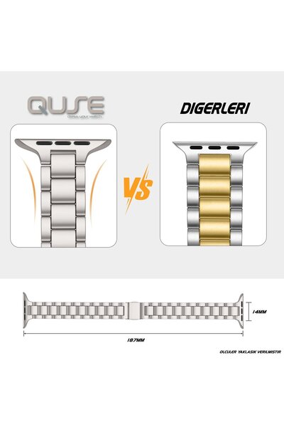 Quse Apple Watch SE/10/9/8/7/6/5/4/3 ile Uyumlu 46mm-45mm-44mm-42mm İnce Üç Bakla Çelik Kordon Starlight