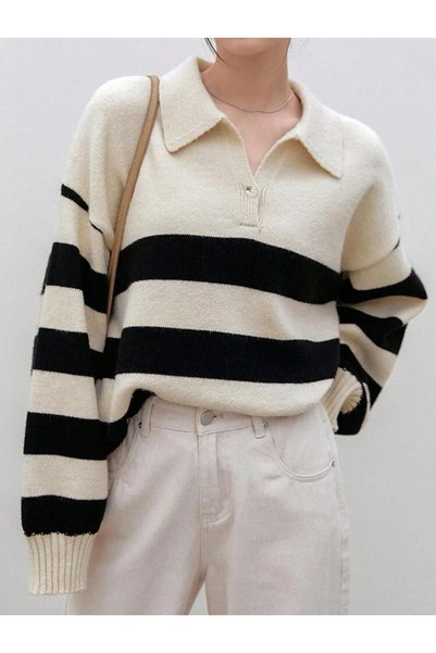 YUGA KNİTTİNG Γυναικείο πουλόβερ POLOYAKA Oversize Soft Wedge ριγέ