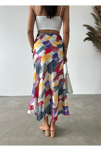 Fiori Maxi Length Long Satin Skirt with Elastic Waist