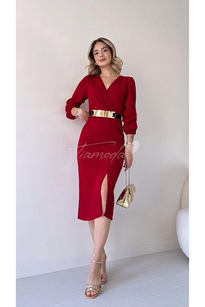 GDS BUTİK Rochie cu mânecă plisată cu centură în oglindă, lungime midi, cu fante