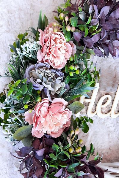 Lotus Hediye Hello Door Ornament with Pink and Blue Hydrangea - Door Wreath