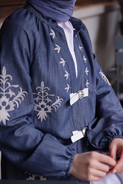 ESRA KEKÜLLÜOĞLU Kadın Nakışlı İnce Denim Kumaş Sümbül Takım-Mavi