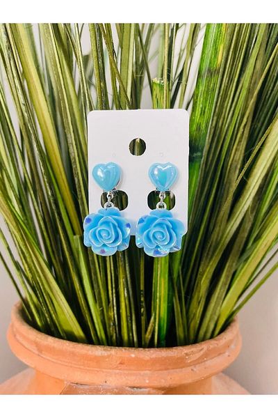 1PARÇAMAVİ Girl's Earrings with Blue Rose Clip - Non-perforated Compression Earrings
