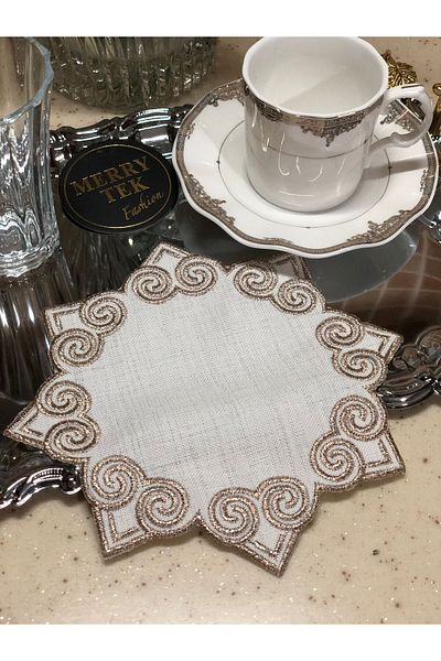 MERRY TEK Coffee Side Presentation Cocktail Napkin Set of 6 Copper Glitter Embroidery Embroidered