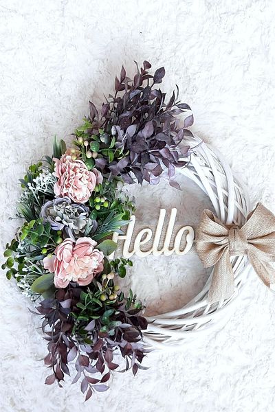 Lotus Hediye Hello Door Ornament with Pink and Blue Hydrangea - Door Wreath