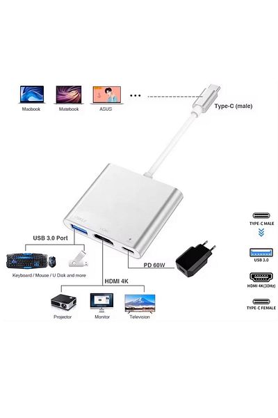 Foxyn Fxn-31 Samsung Dex Apple Macbook متوافق مع 3in1 Type-c Hub HDMI USB 3.0 محول الشحن
