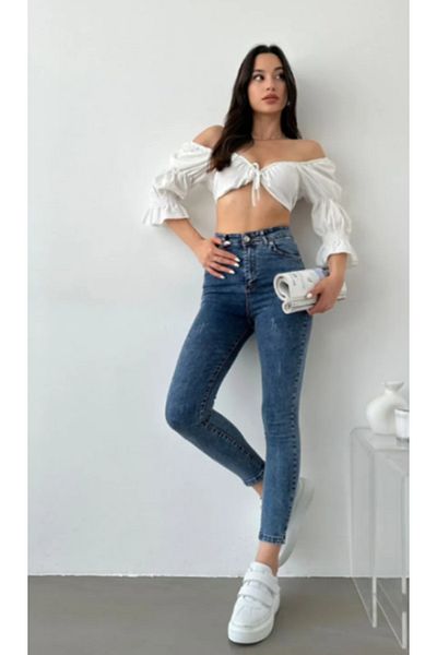 ModaDeniz Blugi skinny cu talie înaltă - Efect de slăbire cu detaliu pentru unghii