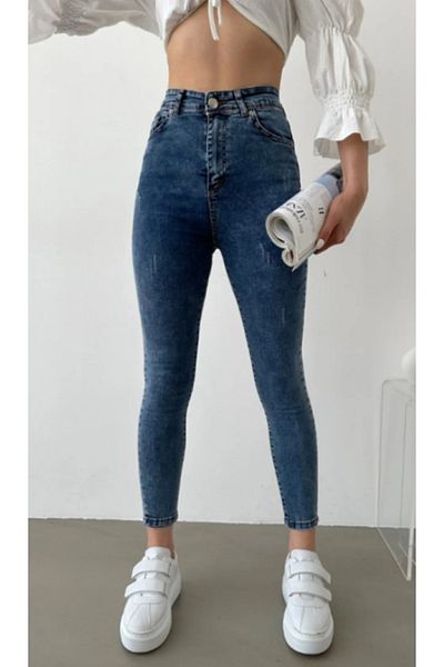 ModaDeniz Blugi skinny cu talie înaltă - Efect de slăbire cu detaliu pentru unghii