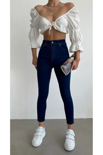 ModaDeniz Blugi skinny pentru slăbire albastru închis cu talie înaltă