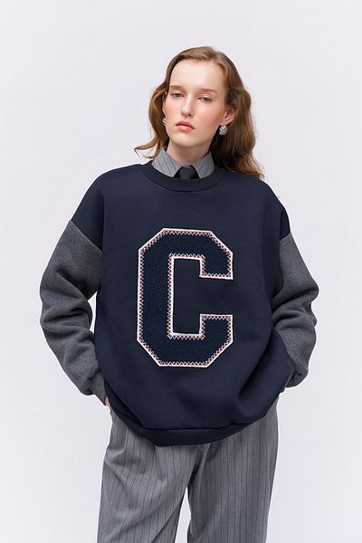 Quzu Felt Print Detailed Sweatshirt Navy Blue