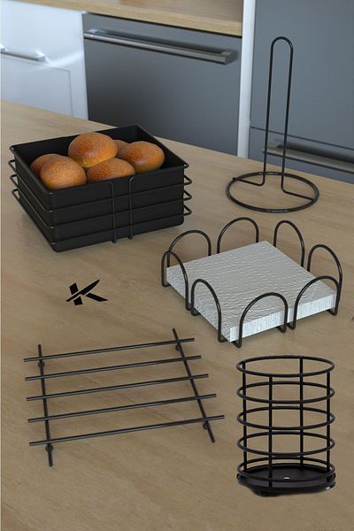 KARTEYA Luxury Stainless Gold Service Presentation Set Bread Basket Kitchen Towel Holder Napkin Holder Trivet Cutlery 5 Pieces