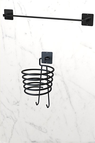 KARTEYA Yapışkanlı Siyah Fön Makinesi Askısı ve Uzun Havlu Askılık Havluluk P...