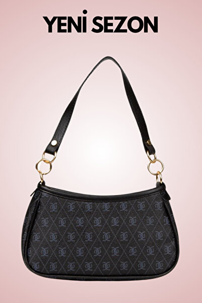 mottomia Premium Kalite Siyah Monogram Desenli Çift Askılı Vegan Deri Baget E...
