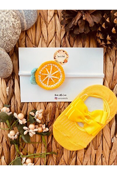seraskids El Örgü Sarı Limonlu Kız Bebek Bandana Ve Babet Çorap Takımı