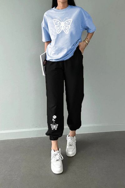 MODARİCH Set tricou și pantaloni de trening Baby Blue Black Butterfly Rose - Oversize Crew Deck