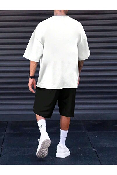 MODARİCH Paris Romantic Oversize χτενισμένο βαμβακερό σορτς και μπλουζάκι - Λευκό Μαύρο, εμπριμέ, λαιμόκοψη