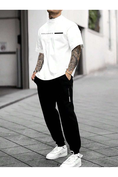 MODARİCH Σετ αθλητικής φόρμας Crew Neck Balance Stripe - Λευκό μαύρο μπλουζάκι στο κάτω μέρος