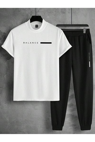 MODARİCH Σετ αθλητικής φόρμας Crew Neck Balance Stripe - Λευκό μαύρο μπλουζάκι στο κάτω μέρος