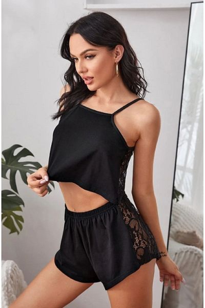 PRAG Set pantaloni scurți și pijamale din dantelă pentru femei - cu dantelă completă pe spate