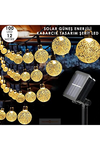 TechnoSmart 100 Ledli 8 Modlu Solar Kristal Top Bahçe Aydınlatma Dekorasyon Güneş Enerji Sarı ışık