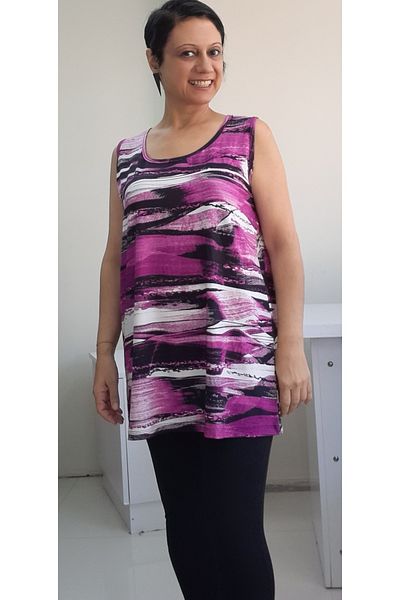 Mertcan Butik Fuchsia Black Patterned - Thick Strap Viscose T-shirt