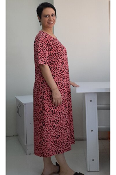 Mertcan Butik BlacK Leopard Pattern Coral Viscose Short Sleeve Dress