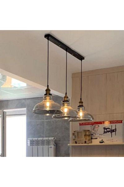 RİOLİGHT Vintage,Rustic 3Xe27 Table Top Glass Head Pendant Chandelier Base Length:60Cm Glass Diameter:20Cm