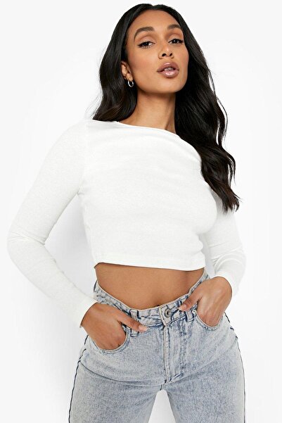 CHEISU Λευκό μακρυμάνικο Crop T-shirt - Γυναικεία μπλούζα με λαιμόκοψη καμιζόλα με κορδόνι