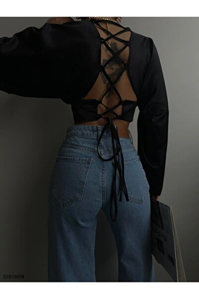 HZL Siyah sırt dekolte bluz gömlek