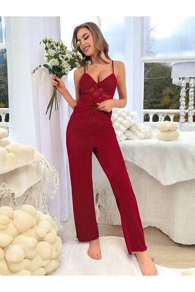 BLACK Women's Strappy Burgundy Belly Lace Viscon Pajama Set
