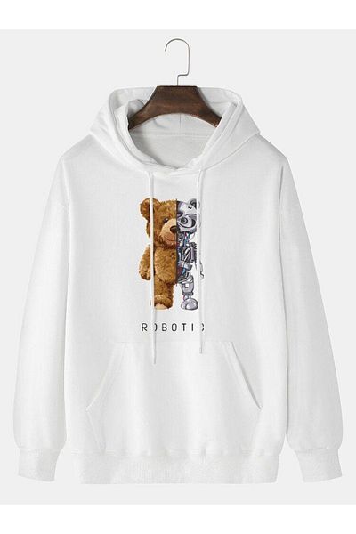 MANCY Unisex White Teddy Robot Printed Hooded Sweatshirt