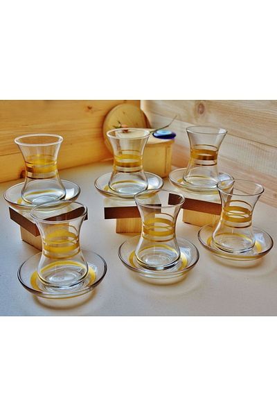 Paşabahçe Eleven Decor Gilded Thin Waisted Tea Set 12 Pieces